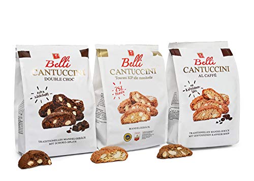 Belli Cantuccini 3er Pack (3x 250g) | Mandelgebäck aus Italien | 3x Sorten Keks-Set mit 1x alle mandorle, 1x DOUBLE CHOC, 1x AL CAFFÈ | insgesamt 750g